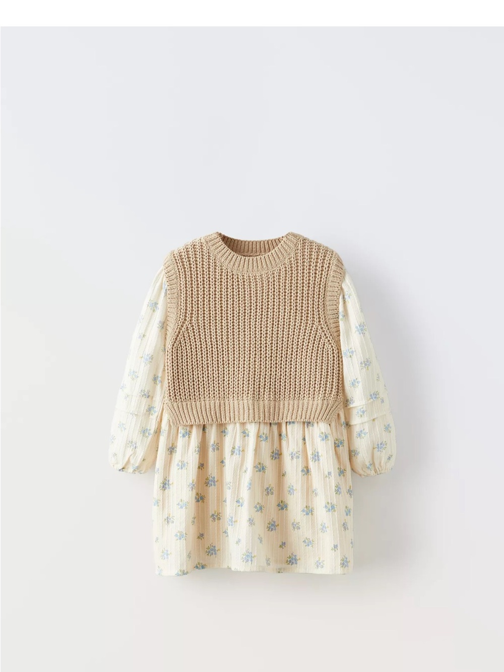 Zara Beige Knit Vest Layered Floral Dress - Cream and Light Blue